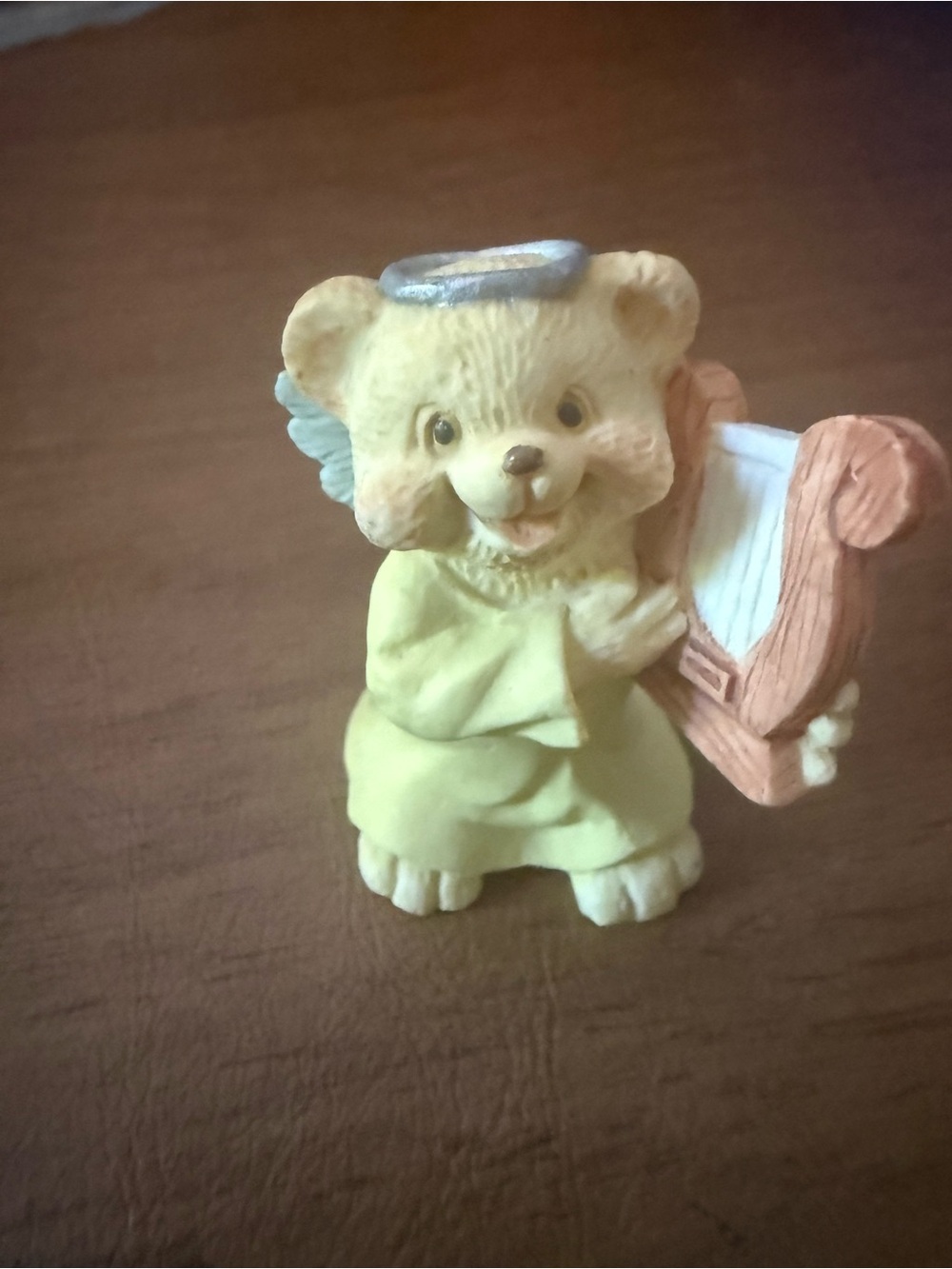 Vintage Angel Teddy Babies figurine, a bear in a yellow robe playing a harp.